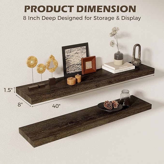 40 Inch Floating Shelves for Wall, 8"D High End Solid Hardwood Shelves for Decor Storage, Rustic Wall Shelves with Invisible 