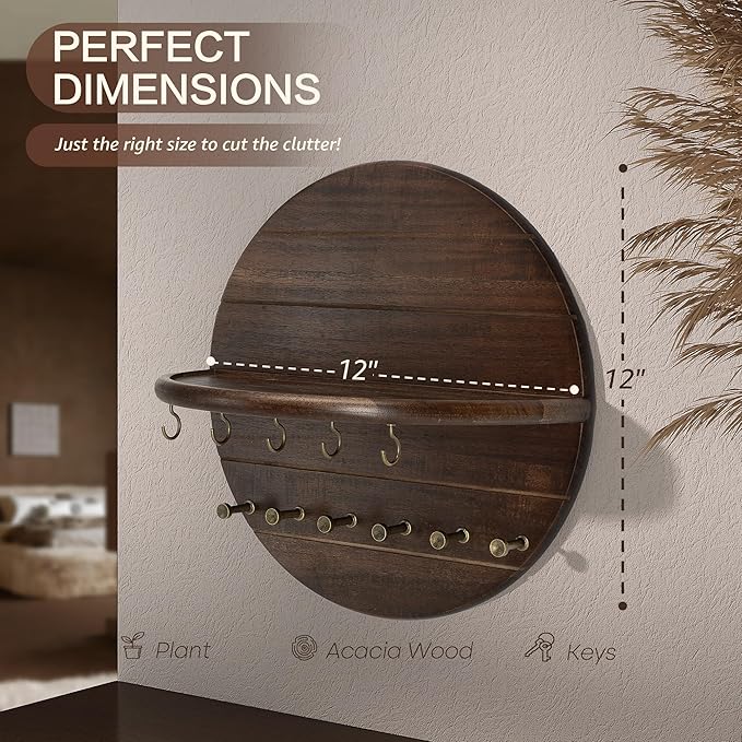 Rebee Vision Acacia Wood Decorative Key Holder Wall Mount for Home Decor- Farmhouse Round Key Holder for Wall with Shelf & 11