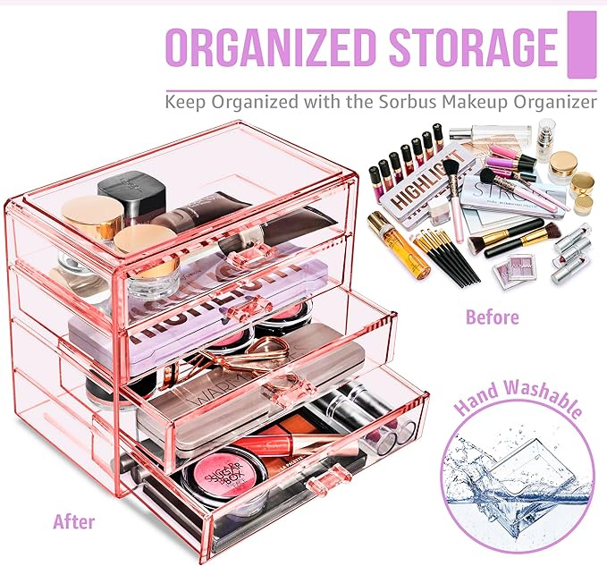 Sorbus Makeup Organizer - 4 Drawer Acrylic Make Up Organizers and Storage for Cosmetics, Jewelry, Beauty Supplies, Clear Make
