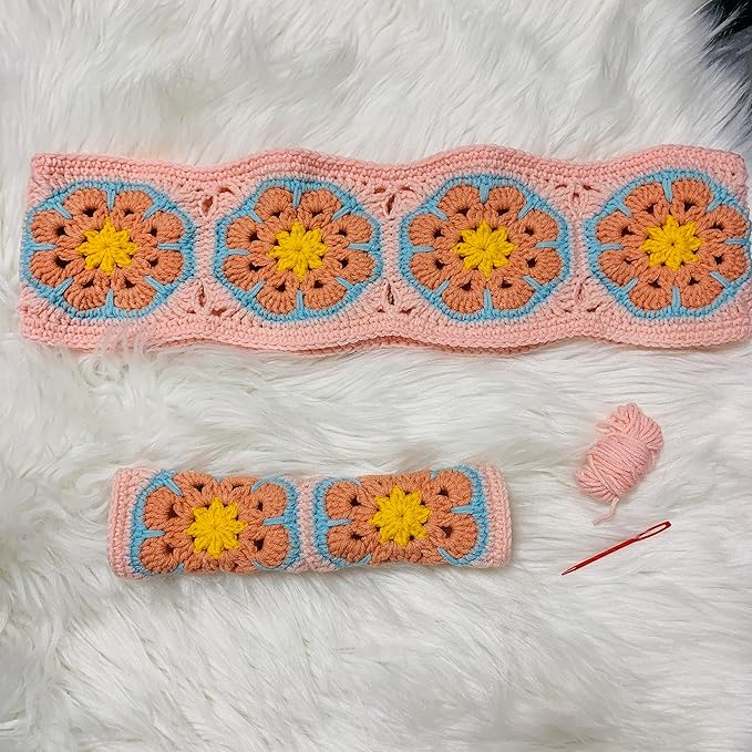 Handmade Crochet Steering Wheel Cover Sakura Pink Galsang Flower Seat Belt Cover, Car Interior Accessories Decorations. (Steering Wheel Cover)