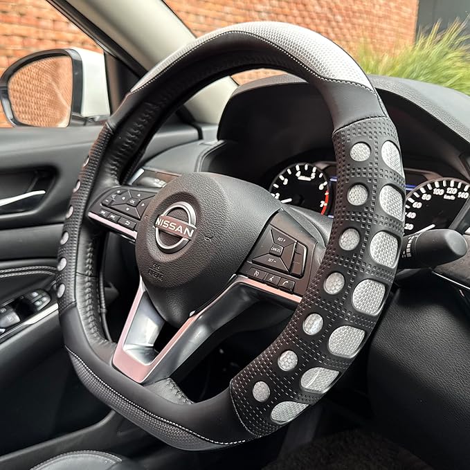 PINCTROT D Shaped Race Grip Steering Wheel Cover, Anti-Slip Silicone Perforated Design with Soft Touch Padding, Enhanced Grip for Sporty Driving Flat Bottom 14.5-15 Inch (Racing Silver)