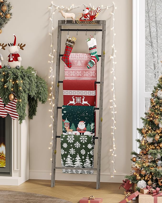 Hzuaneri Blanket Ladder Shelf, Decorative Quilt Rack, 7-Tier Farmhouse Ladder Holder Organizer with 4 Removable Hooks 7.9" D 