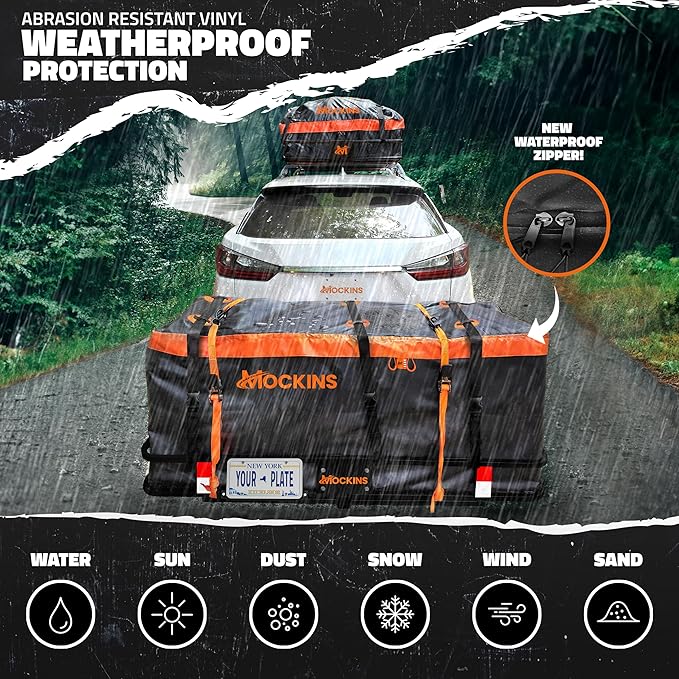 Mockins 60"x20"x6" Folding Luggage Rack for Car Hitch & 20 Cu Ft Waterproof Cargo Bag | 500 lbs Cap Steel Trailer Hitch Cargo Carrier for 2" Receivers w/License Plate Holder, Stabilizer, Net & Straps