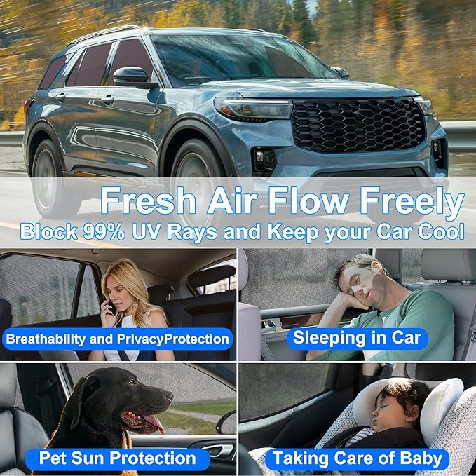 Front Side Half Window Shade Foldable Custom Fit for Ford Explorer 2020-2024 Car Window Shades for Side Window Sun Shade UV Protection Heat Insulation for Camping Sleeping 6PCS
