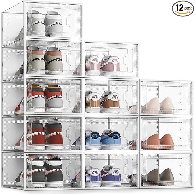 SEE SRPING XX-Large Shoe Storage Box Fit Size 14, Clear Plastic Stackable Shoe Organizer for Closet, Shoe Rack Sneaker Contai