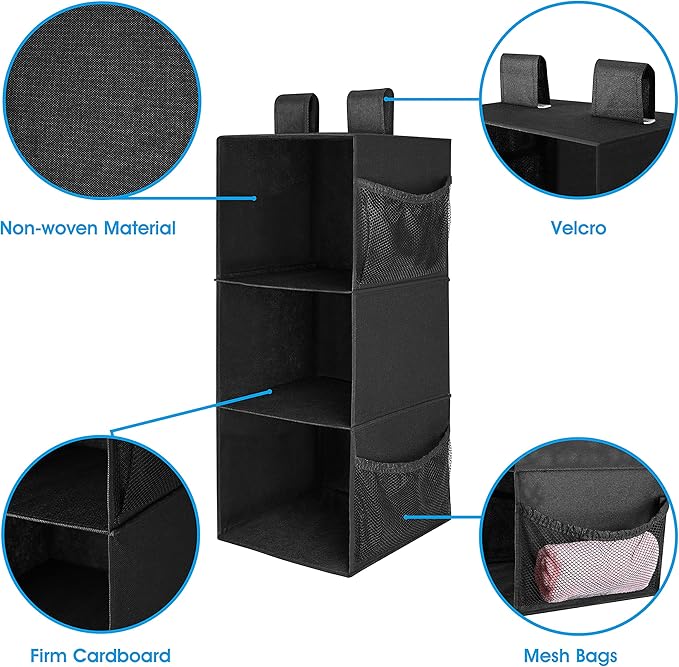 MAX Houser 3-Shelf Hanging Closet Organizer, Hanging Sweater Organizer, Foldable Hanging Shelves for Closet with 2 Velcro, Bl
