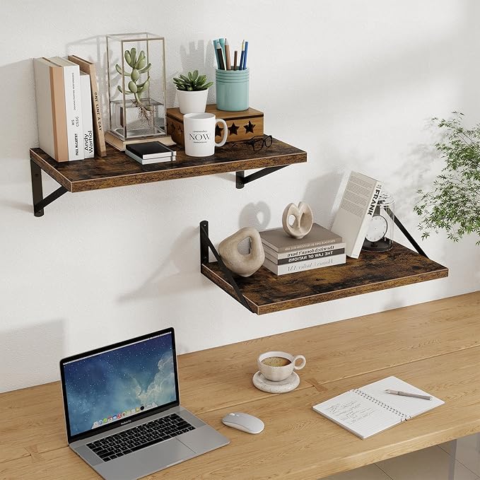 Floating Shelves, 12 Inch Deep Rustic Wood Wall Storage, 24W x 12D Wall Shelves Set of 2, Heavy Duty Metal Brackets, Large In