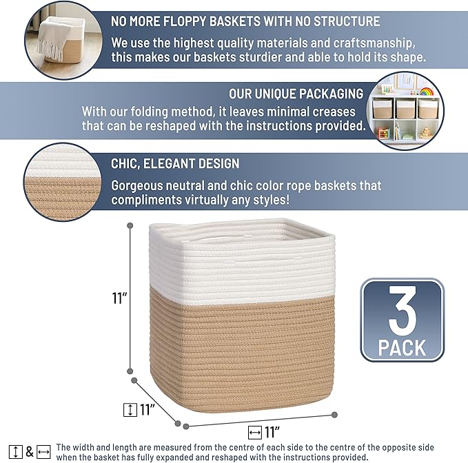 NaturalCozy Storage Cubes 11 Inch Cotton Rope Woven Baskets for Organizing, 3-Pack | Cube Storage Bin | Square Storage Basket