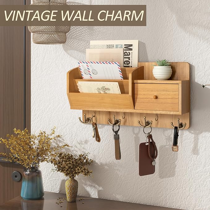 Rebee Vision Key Holder Wall Mount with Mail Organizer - Modern Farmhouse Key and Mail Holder for Wall with Wall Hooks and Dr