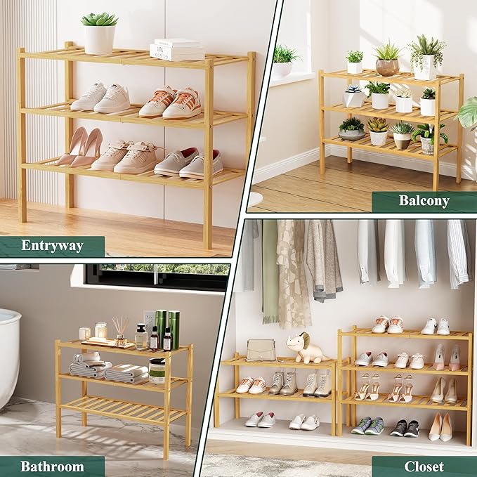 Smiry Shoe Rack, 5 Tier Bamboo Shoe Organizer, Stackable Free Standing Wooden Shoe Storage Shelf for Closet, Entryway, Front 