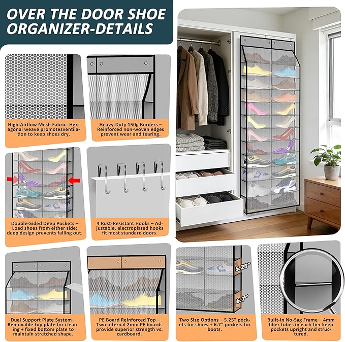 Kotkn 24-Pair Over Door Shoe Organizer for Family & Kids, Double Sided | Hanging Storage for Sneakers, Boots, Toys & Room Org