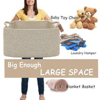 COMFY-HOMI Large Rectangular Blanket Basket, Woven Cotton Rope Baskets for Storage, Laundry Hamper Basket, Storage Bin,Toy Or