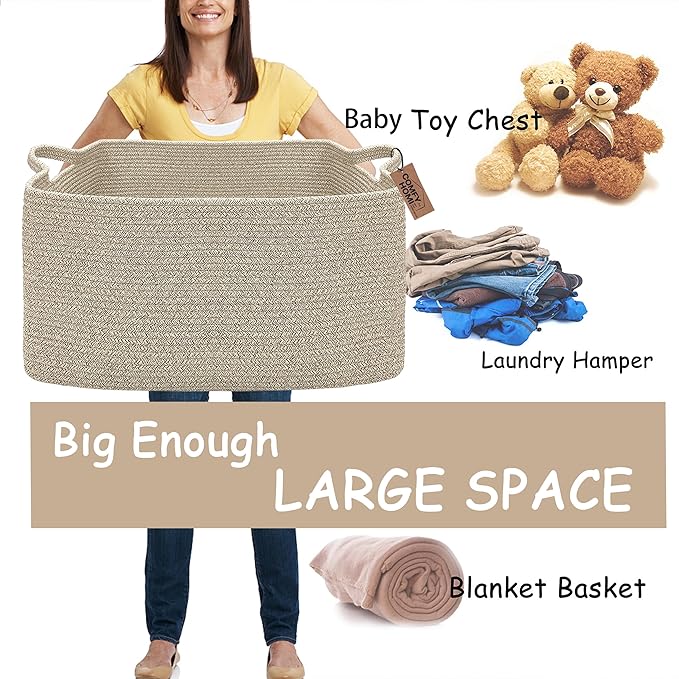 COMFY-HOMI Large Rectangular Blanket Basket, Woven Cotton Rope Baskets for Storage, Laundry Hamper Basket, Storage Bin,Toy Or