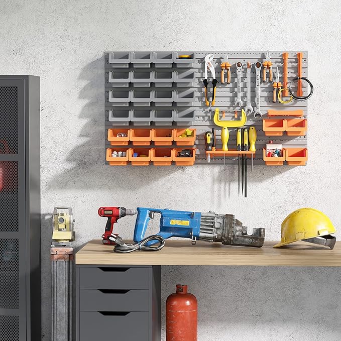 DURHAND Wall Mounted Storage Bins, 44PC Pegboard Tool Organizer Rack Kit Garage Plastic Shop Tool, Orange