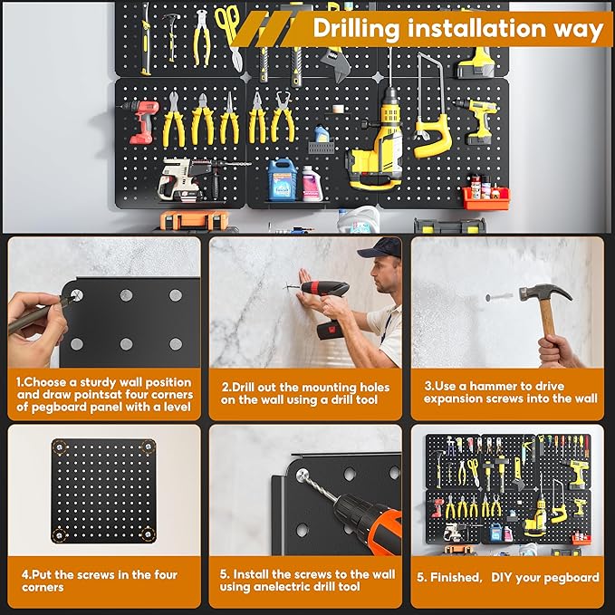 Peg Board, 70PCS Heavy Duty Metal Pegboard with Hooks, 6 Pack Black Peg Board Panels, 50lbs Load Capacity Each, Pegboard Wall