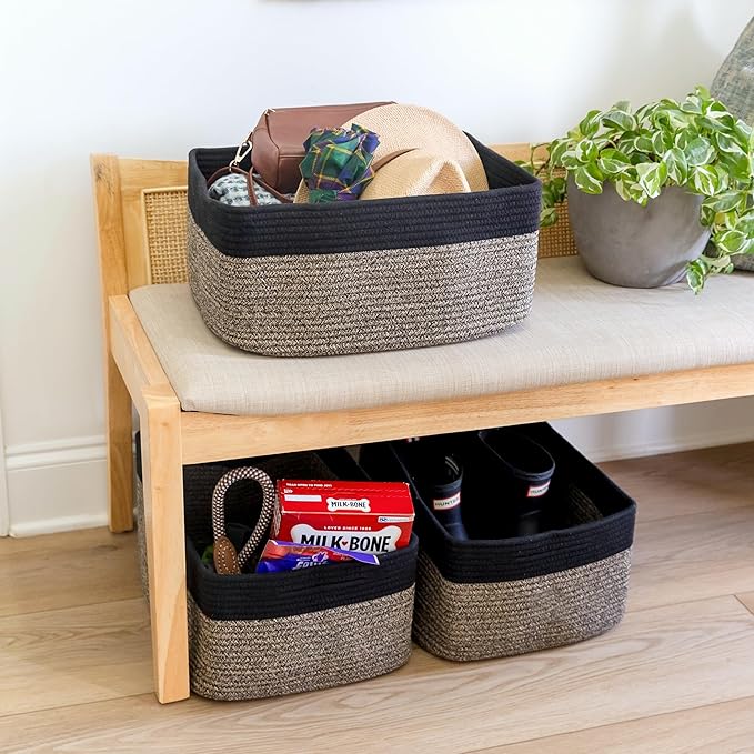 NaturalCozy Storage Baskets 16.8”x13”x7.6” Cotton Rope Woven Baskets for Organizing 3-Pack | Toy Storage Bins | Basket for Sh
