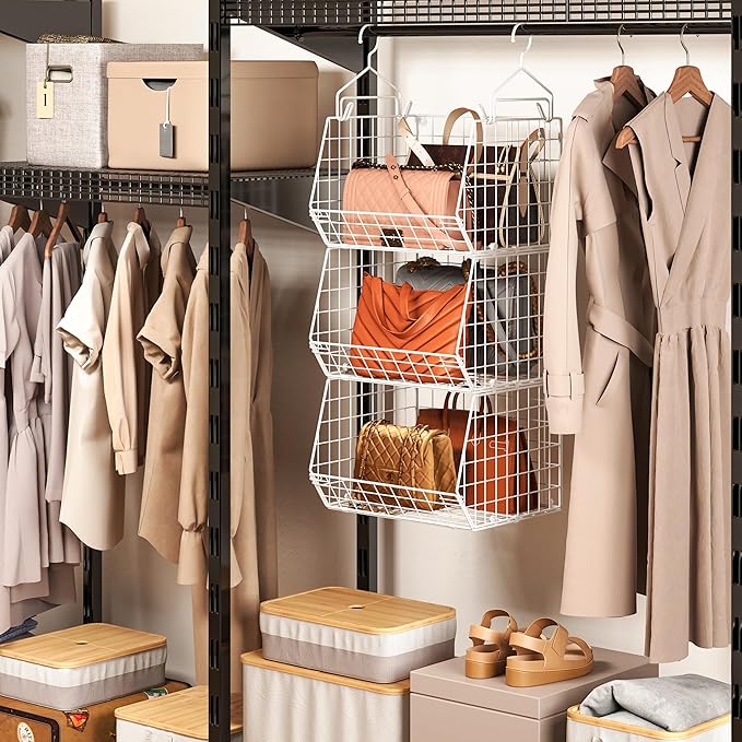 X-cosrack 3 Tier Foldable Closet Organizer, Clothes Shelves with 5 S Hooks, Wall Mount&Cabinet Wire Storage Basket Bins, for 