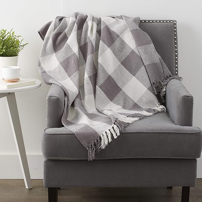 DII Buffalo Check Collection Rustic Farmhouse Throw Blanket with Tassles, 50x60, Gray/White