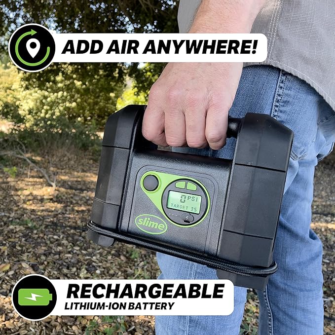 Slime 40080 Cordless Tire Inflator, Rugged Portable Air Compressor Pump with Auto Shut Off, Lithium Ion Battery and LED Light, Rechargeable