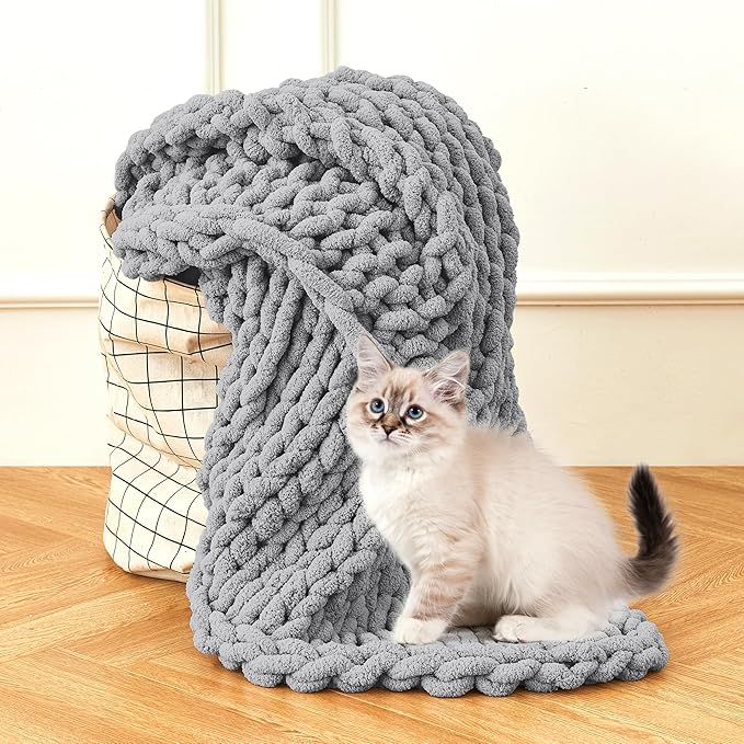 Admitrack Chunky Knit Blanket Throw, 100% Hand Knit Chenille Throw Blanket for Sofa & Home Decor, Soft and Cozy Knitted Throw