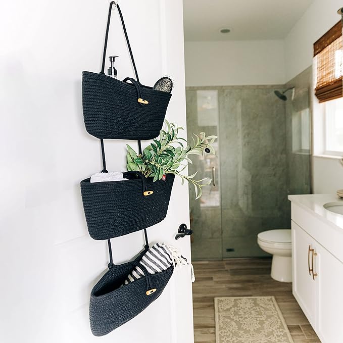 OrganiHaus Black Hanging Wall Baskets for Storage | Hanging Baskets for Bathroom Organizing | Behind Door Storage | Over the 