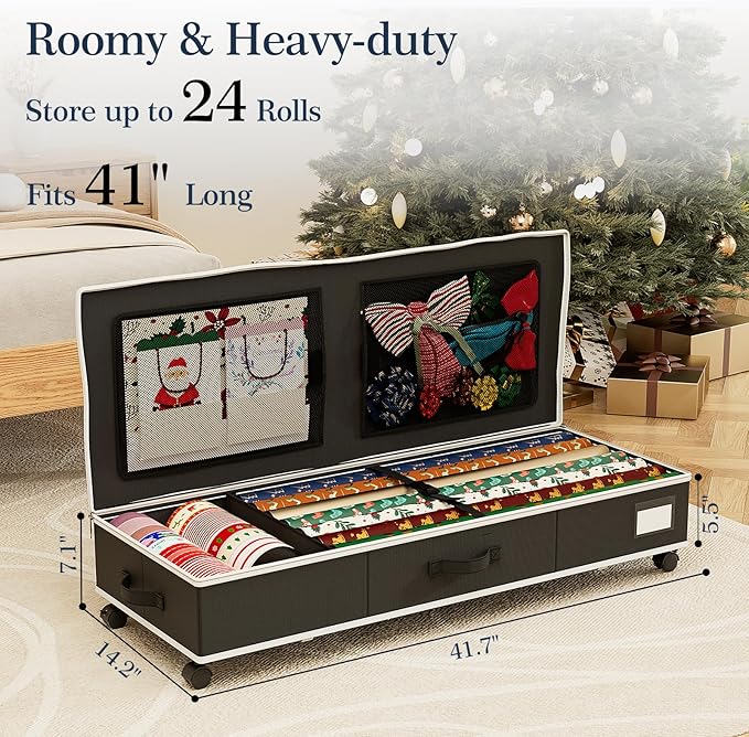 GoMaihe Wrapping Paper Storage with Wheels Fits 41" Gift Wrap Papers Storage for Ribbon Accessories with Pockets Dividers Bla