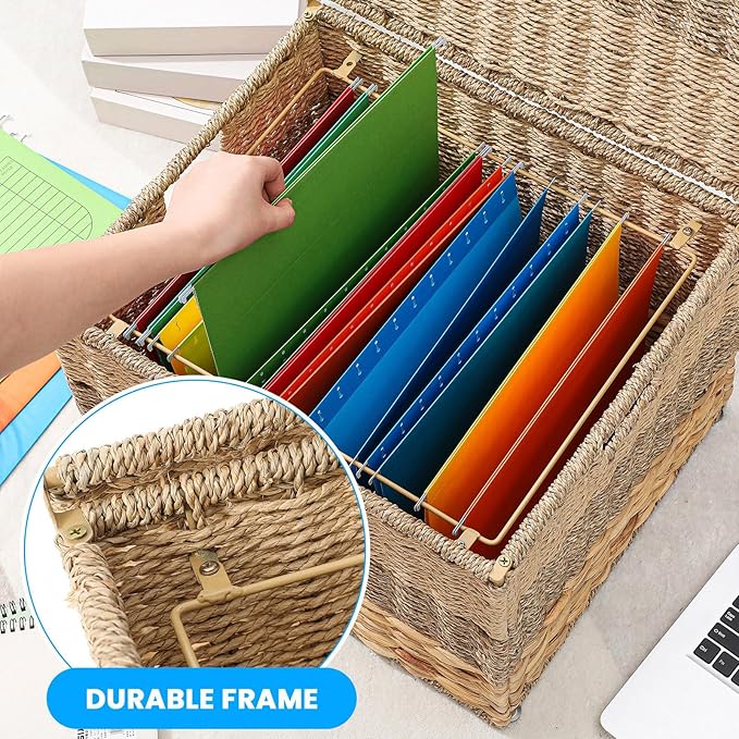 Cinnvoice Extra Large Decorative File Box 18 x 16 x 13 in Wicker Seagrass File Basket Organizer for Letter Legal Size Hand Wo