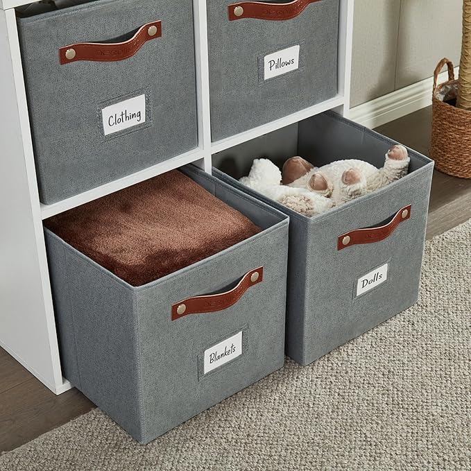 DECOMOMO Storage Bins, Cube Storage Bin with Labels, Fabric Storage Cubes for Shelves (11" / 6pcs, Texture Grey)