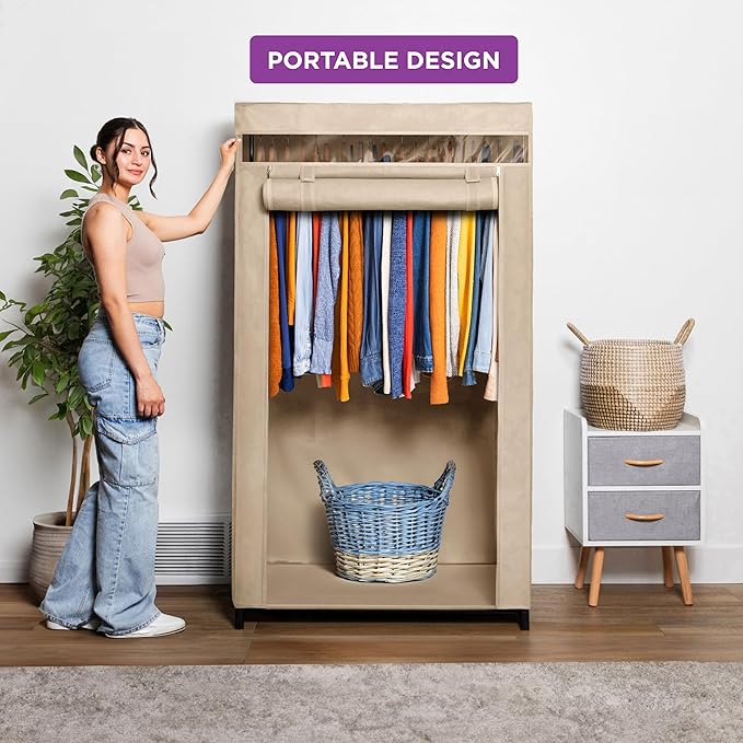 HOLDN’ STORAGE Portable Wardrobe Closet - 50 lb Capacity, Internal Heavy Duty Metal Rod, Zipper & Clear Window, Durable Cloth
