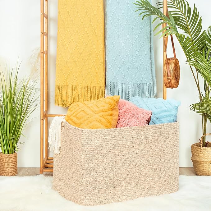 MINTWOOD Design 112L Extra Large Blanket Basket Holder Living Room, 25"x17"x16" Rectangle Rope Woven Storage Basket with Hand