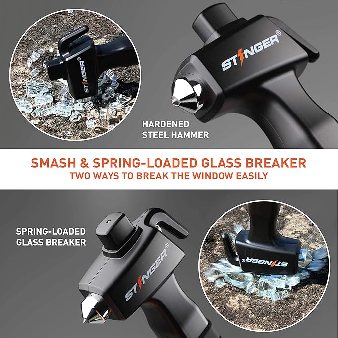Stinger Super Duty Car Emergency Escape Tool - Hardened Carbon Steel Safety Hammer, Spring-Loaded Window Breaker, Razor-Sharp