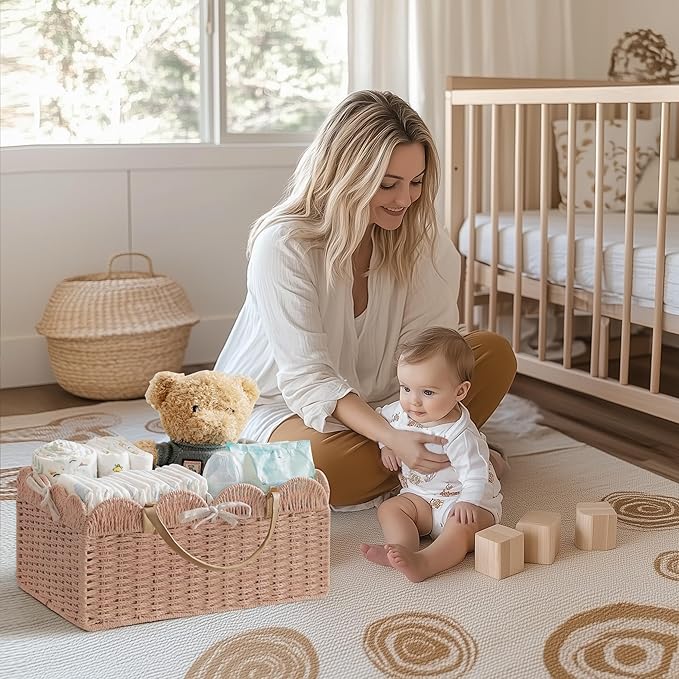 HBlife Baby Diaper Caddy, Paper Rope Storage Baskets Nursery Bin with Removable Divider, Portable Car Organizer for Diapers, 