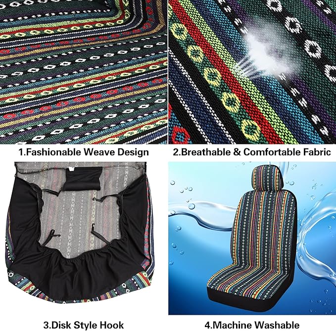 Pariitadin Baja Saddle Blanket Car Seat Covers Front Set with Seat Belt Pads, Washable Breathable Striped Woven Cloth Seat Co