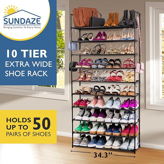 Sundaze Shoe Rack - 10 Tier Shoe Rack for Front Door Entrance, Sturdy Tall Shoe Organizer for Closet, Bedroom, Entryway, Gara