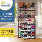 Sundaze Shoe Rack - 10 Tier Shoe Rack for Front Door Entrance, Sturdy Tall Shoe Organizer for Closet, Bedroom, Entryway, Gara