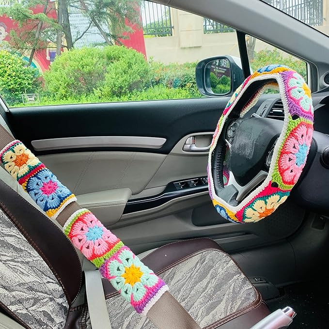 Handmade Crochet Steering Wheel Cover for Women Girl, Galsang Flower Seat Belt Cover. (Steering Wheel Cover)