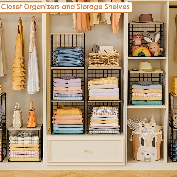 Hencawima 6 Pack Stackable Closet Organizers and Storage Basket, Closet Shelves with Wood Top, Clothes Storage Bin/Cube Organ