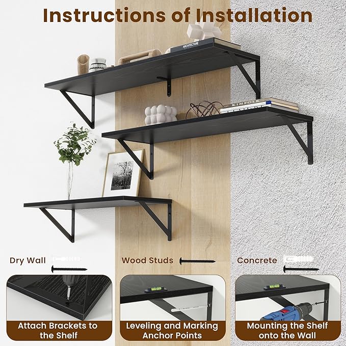 55" Long Wall Mounted Floating Shelves,8 inch Deep Floating Shelf with Metal Brackets Set of 2,Easy-to-Install Wall Decor Sto