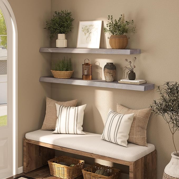 Long Live Edge Floating Shelf, 55 Inch Solid Elm Wood - Weathered Gray Rustic Wood Wall Shelf with Invisible Brackets for Liv