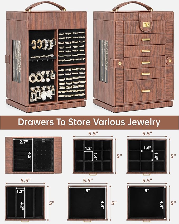 AKOZLIN 360° Rotating Jewelry Box 6-Tier Organizer Functional Jewelry Storage Case for Women Girls Ring Necklace Earring Brac