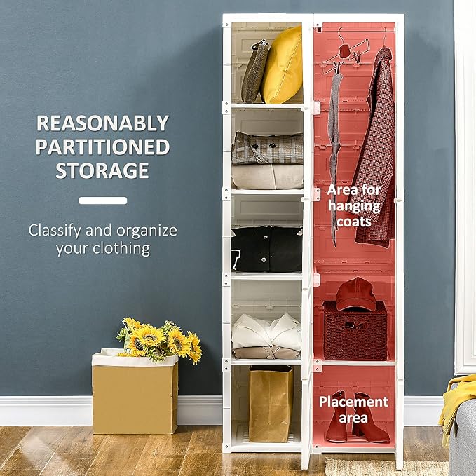 HOMCOM Portable Wardrobe Closet, Folding Clothes Storage Organizer with 6 Cube Compartments, Hanging Rod, 8 Magnet Doors, Whi