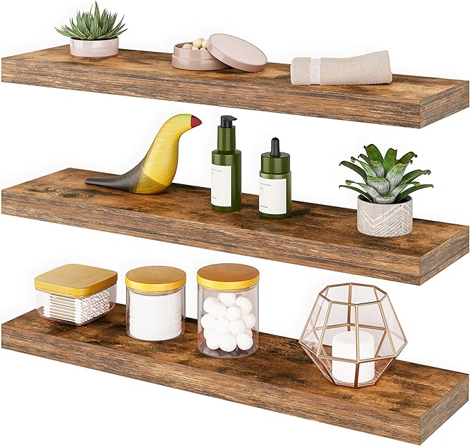 Ballucci Floating Shelves for Wall, 24" Wood Shelf Set of 3, Invisible Brackets Floating Shelf for Wall Decor Living Room, Ba