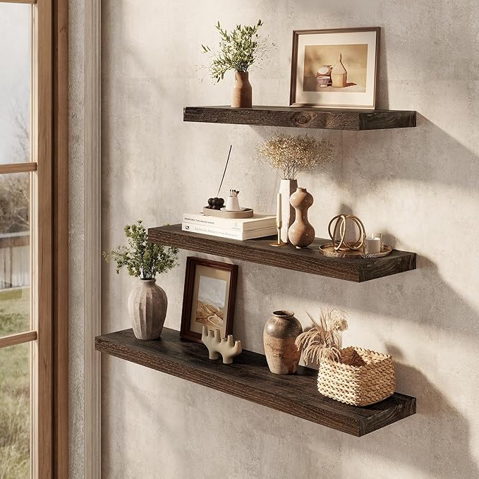 Dreamland Solid Wood Floating Shelves 30"x8" Set of 2 - Smooth Edge Elm Wall Mounted Shelf with Invisible Brackets, Minimalis