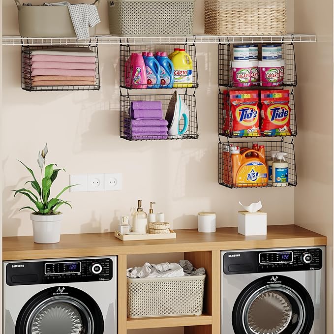Sonyabecca 3-Pack Hanging Laundry Baskets, Foldable Metal Wire Shelves with 360° Rotating Hooks, Space-Saving Over Washer/Dry