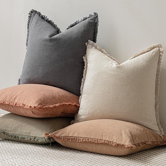Foindtower Set of 2 Decorative Linen Fringe Throw Pillow Covers Cozy Boho Farmhouse Cushion Cover with Tassels Soft Accent Pi