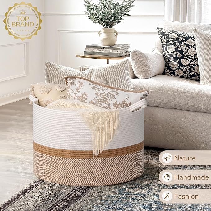 INDRESSME XXXLarge Cotton Rope Basket 21.7" x 21.7" x 13.8" Woven Baby laundry Blanket Basket for Home Decor Living Room Nurs