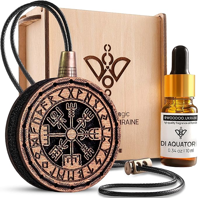 Wood Car Air Freshener — Handmade Car Air Freshener — Vegvisir Designed Fragrance Oil Diffuser in Wooden Gift Box — Aromather