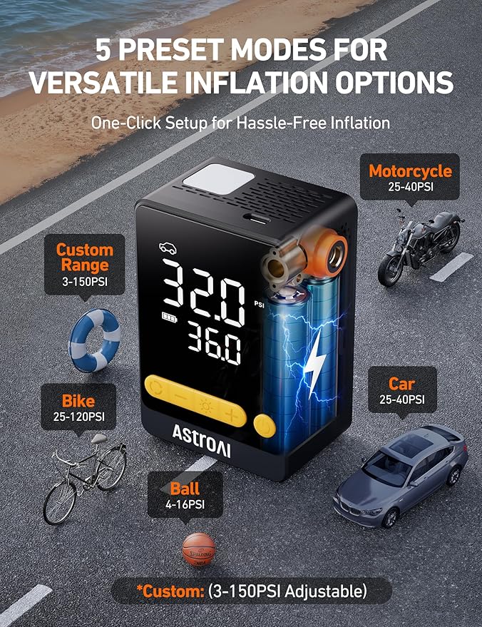 AstroAI L10 Mini Tire Inflator Portable Air Compressor,150PSI Air Pump for Car Tires with Tire Pressure Gauge,Bike Pump with LED Light,Tire Inflator for Cars,Bikes,Motorcycles,Balls,Car Accessories