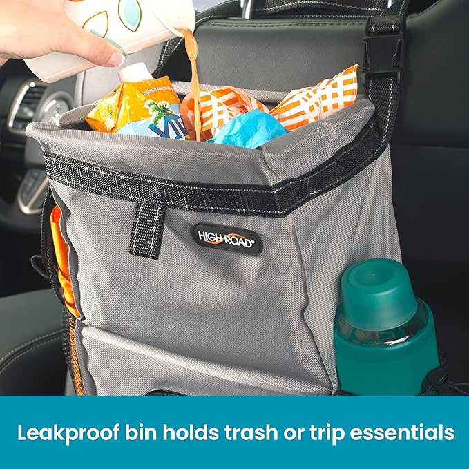 High Road Car Organizer with Car Trash Bin and Tissue Holder - Holds Full Size Tissue Box, Bottles and Wipe Containers - 2 Gal Leakproof Covered Trash Can with Push-Close Lid