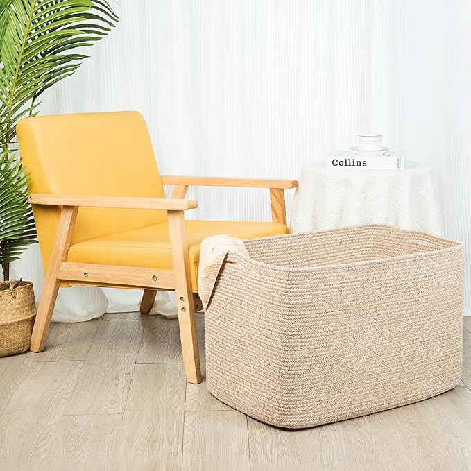 MINTWOOD Design 112L Extra Large Blanket Basket Holder Living Room, 25"x17"x16" Rectangle Rope Woven Storage Basket with Hand